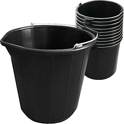10x Heavy Duty Black Plastic Builders Bucket 3 Gallon 14 Litre Water Mixing Storage Strong with Handle and Spout Ideal for Construction Trade, Animal Feed, etc Made in U.K. 10x Heavy Duty Black Plastic Builders Bucket 3 Gallon 14 Litre Water Mixing Storage Strong with Handle and Spout Ideal for Construction Trade, Animal Feed, etc Made in U.K.