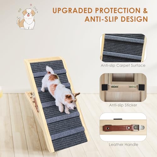 IKARE Wooden Folding Dog Ramp for Bed, 31\" Long Foldable Pet Ramp for Small Dogs & Cats, 3 Adjustable Height from 9.5\" to 14.6\", Small Dog Steps,Cat Ramp for Sofa & Car, Up to 80 Lbs - Thumbnail 4