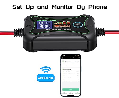 10A MPPT Wireless Solar Charge Controller with BT, Bateria Power 12 Volt Phone APP Intelligent Control Solar Regulator with LCD Display, LED Indicate Light for Gel AGM Lithium LiFePO4(Sunrock 10Pro)