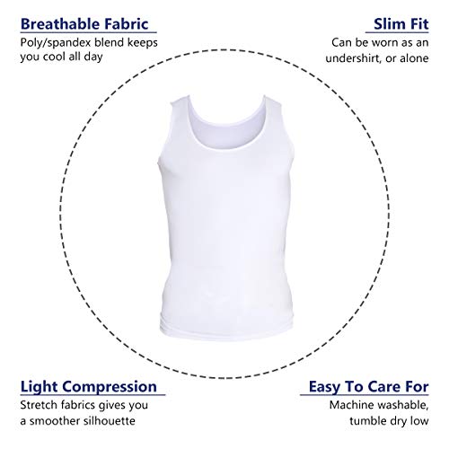 LISH Men's Slimming Light Compression Tank Top Shirt - Sleeveless Body Shaper Shirt for Weight Loss (White, XL)