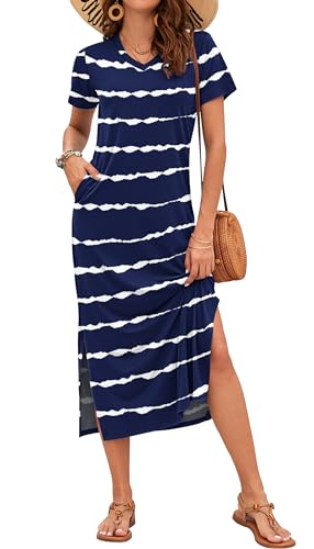 Image of MISFAY Womens Maxi Dress Short Sleeve V Neck Loose with Pockets | Soft stretchy breathable, v neck loose fit, side split hem, two side pockets, casual daily beach vacation travel dress