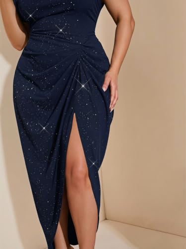 Image of Floerns Women's Plus Size Asymmetrical Neck Long Dress Ruched Slit Hem Cocktail Dress