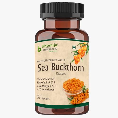 Bhumija Lifesciences Sea Buckthorn Berry Extract Capsules (60 Capsules, 500MG) Natural Source of Vitamin A, B, C, E, K, Omega 3, 6, 7, 9