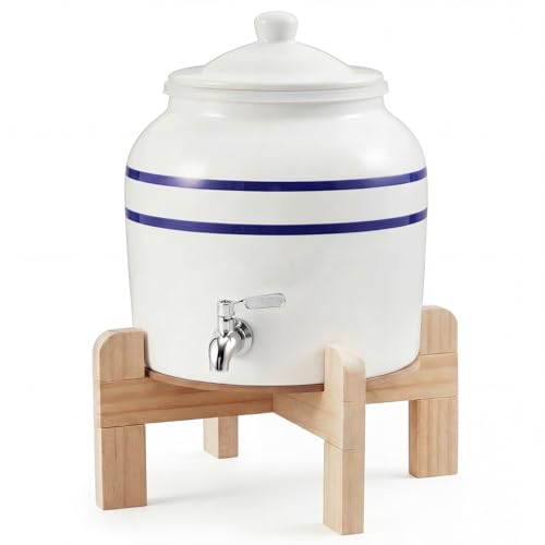 FillTouch Ceramic Water Dispenser Crock Water Dispenser with Wood Stand 304 Stainless Steel Faucet Valve and Lid for 3 to 5 Gallon Jugs Porcelain Cooler Home Office Indoor Outdoor(Blue Stripes)
