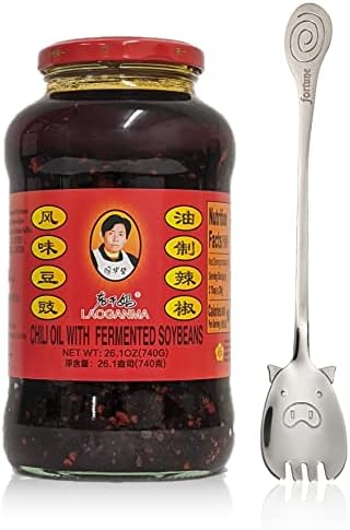 Lao Gan Ma Chili Oil with Fermented Soybeans Family Size 24.69oz (740g) Bundle with FortuneHouse Long Handle Designer Spoon (1 Jar + 1 Spoon)