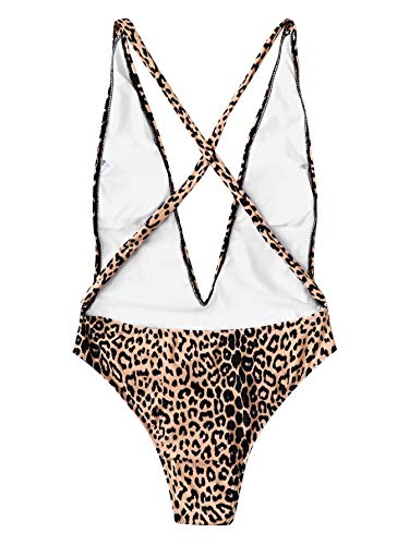 Sweatyrocks Women's Sexy Bathing Suits Criss Cross Tie Knot Front Deep V Open Back Leopard One Piece Swimwear Multi S #TOP1