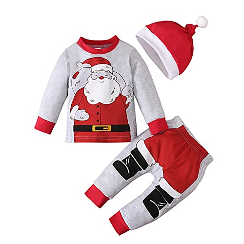 Yalatan Baby Jungen Weihnachtsoutfits Neugeborene Langarm Weihnachtsmann Bedrucktes T-Shirt Hose Hut Baby Weihnachtskleidung Set Cover
