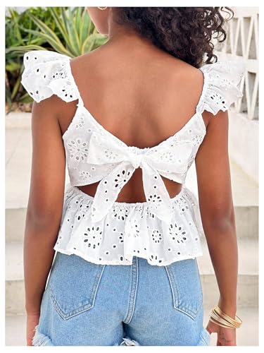 Floerns Girl's Cut Out Bow Tie Back Blouse Eyelet Embroidery Ruffle Cap Sleeve Boho Shirts3
