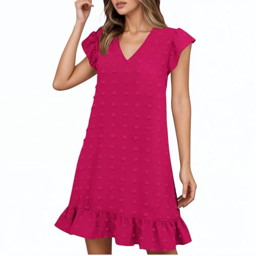 Vestido Casual Mujer Cuello Manga Casquillo Detalle De Volantes Vacaciones Playa Primavera Verano Traje(Hot Pink,L)