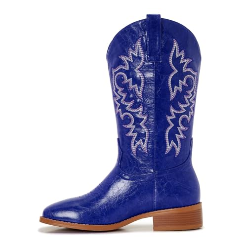 Image of Cowgirl Boots Square Toe Cowboy Boots For Women Ladies Mid Calf Low Heel Flat
