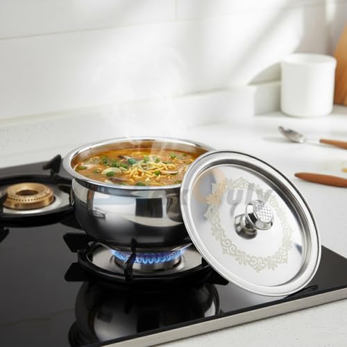 Image of Stainless Steel Cook and Serve Handi Panjabi Biryani Serving Bowl Milk Pot Pan Patila with Lid Laser Finished Gas & Induction Compatible Multipurpose Utensil 500 ml (Steel 1pc)