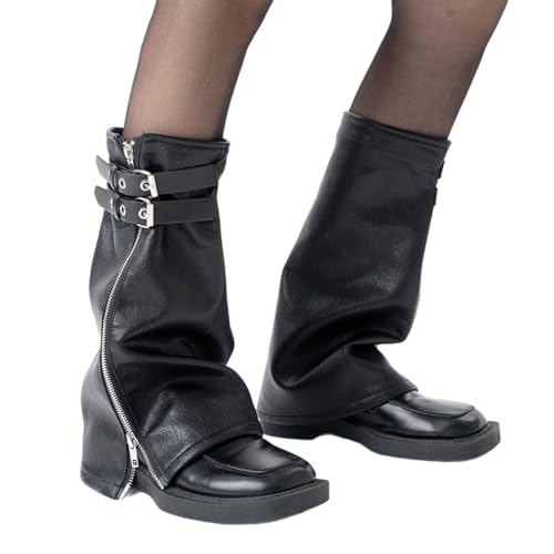 Women Harajuku Black PU Leather Leg Warmer with Eyelet Straps Punk Zippered Flared Leg Cover Sleeve Socks Streetwear
