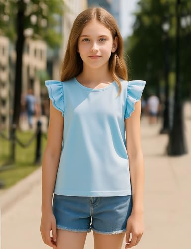Image of Kilymosy Girls White Shirt Short Sleeve Summer Casual Flutter Tops Tee Blouse 5-14 Years