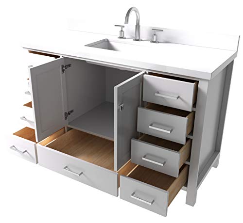 Ariel 55" Inch Bathroom Vanity In White With Pure White Quartz Countertop | Rectangle Sink | 2 Soft Closing Doors And 9 Full Extension Dovetail Drawers | With Backsplash | No Mirror #TOP4