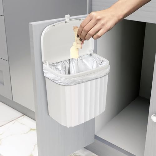 Image of JD FRESH 7 Liters Plastic Hanging Kitchen Trash Can with Lid /Double Side Open Lid Design with Kitchen Cabinet Door Hanging Wall Garbage Bin /Under Sink Storage Dustbin for Kitchen & Bathroom (White)