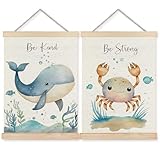 BearCake Ocean Nursery Decor, Whale Crab Under the Sea Wall Art Poster Hanger Frame, Inspirational Beach Nursery Canvas Prints Framed Wall Decor for Kids Room Playroom, 12x16 Inch Set of 2