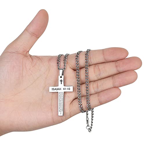 Revemcn Inspirational Bible Verse Cross Necklace For Men Boys, Stainless Steel Plain Black Silver Cross Pendant Necklace For Men 20-24 Inches Curb Chain Faith Jewelry Gift (Isaiah 41:10 - Silver, 20) #TOP6