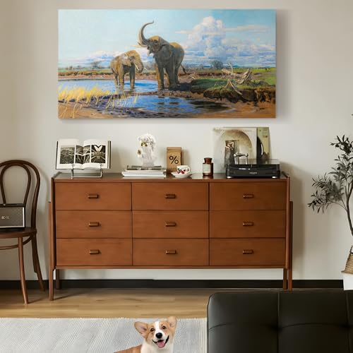 SERIMINO Large Wall Art for Living Room, Animal Elephants Vintage Wall Decor, Grassland Landscape Canvas Prints Paintings, Retro Pictures Home Decor for Bedroom, Farmhouse Bathroom Decor, 24x48 Inch