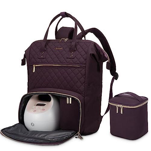 Image of LOVEVOOK Breast Pump Backpack with Cooler Bag, Quilted Breast Pump Bags Fits Spectra S1, S2 Medela, Travel Double Layer Pumping Bag for Working Moms with 15.6" Laptop Pocket, Purple