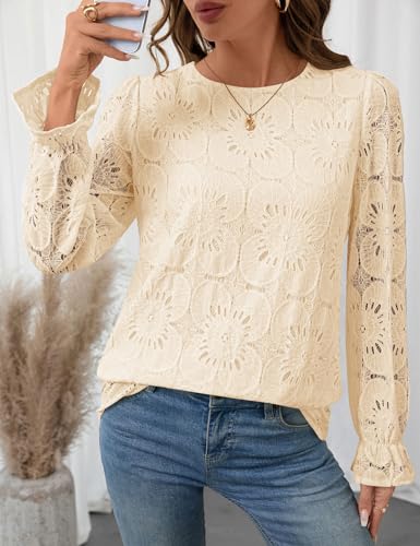 LOMON Lace Long Sleeve Tops for Women Fashion 2025 Eyelet Blouses Dressy Casual Crewneck Embroidered Shirts with Lining2