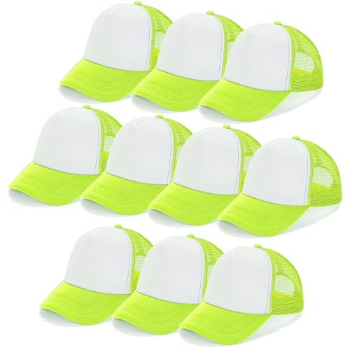 Ultrafun 10 Pack Trucker Hat Mesh Sublimation Blank Hats Adjustable Baseball Caps Hats for Men Women (Neon Yellow White)