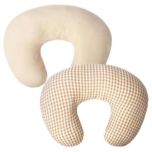 FUNUPUP Muslin Nursing Pillow Cover Compatible with Boppy Nursing Pillow Soft Baby Nursing Covers for Breastfeeding Pillows for Boys Girls only Cover Beige&Plaid