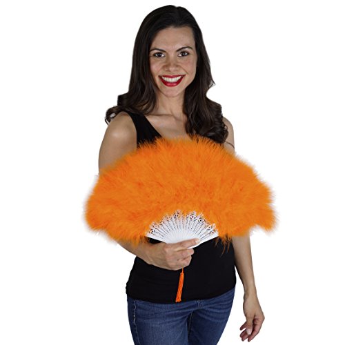 ZUCKER Small Marabou Feather Fan - Vintage Costume Folding Hand Fan - Burlesque Showgirl Decorative Folding Fans for Women Orange