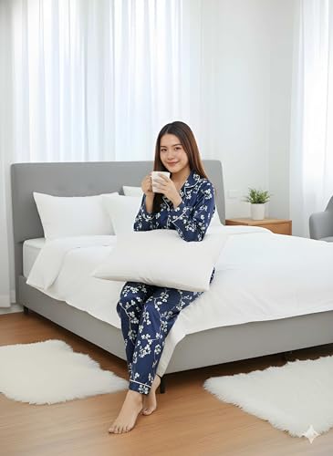 Image of Night Suit for Women with Full Sleeve Button-Down Top with Pant Dress for Woman, Night Dress for Woman, Lycra Two-Piece Loungewear Set