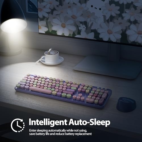Image of Fogruaden Purple Keyboard and Mouse Wireless, Retro Typewriter Keyboard, 2.4GHz 104 Keys Full Size Cute Keyboard with Number Pad, Purple Colorful Keyboard with Round Keycap for Windows PC Laptop