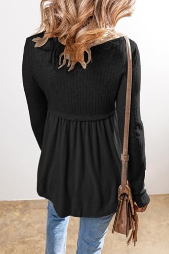 MARZXIN Women's 2025 Fall Long Sleeve Casual T-Shirt Textured Long Sleeve V Neck Babydoll Tunic Tops2