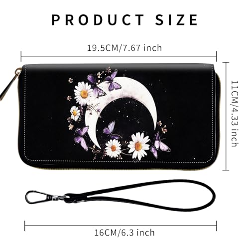 Wallet,Leather Long Wallet Suitable For Ladies And Teenagers - Detachable Wristband + RFID Travel Wallet With Card Slot - Moon Butterflies Daisies2