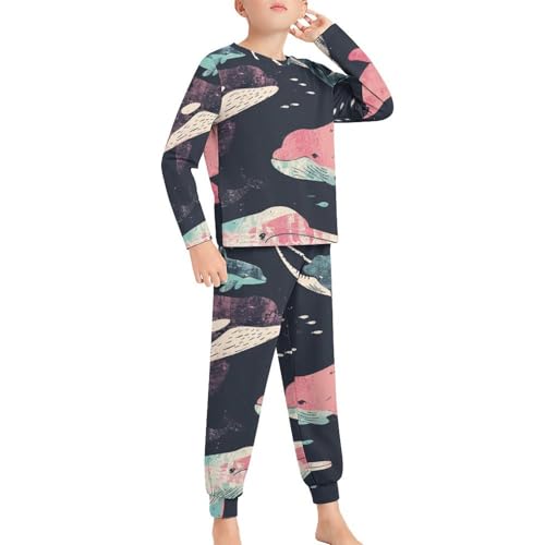 Whales Orcas Narwhals On NavyBoys Casual Comfort Pajamas, Long Sleeve Pajama Set130CM