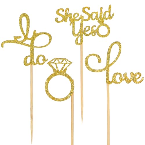 24 Pcs Engagement Cupcake Toppers,Wedding Cupcake Toppers He Asked She Said Yes Cupcakes Topper Decorations for Wedding Engagement Bridal Shower Party Cake Decorations