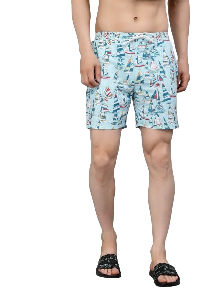 Men Sea Green Conversational Print Polyester Regular Swim Shorts