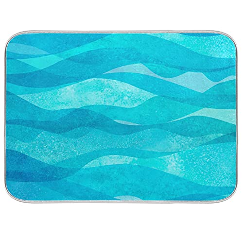 Dish Drying Mat Kitchen Counter Watercolor Sea Ocean Wave Blue Teal Turquoise Colored Absorbent Microfiber Drying Rack Pads 16x18 inch for Countertop Dishes Large Drain Mats and Protector Coffee Bar M