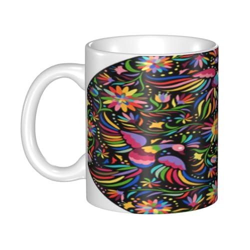 マグカップ - セラミックコーヒーカップ、ミルクカップ、(330ml) - 耐熱・耐寒性、大容量、軽量、環境に優しい - ギフトに最適(花、メキシコのカラフルで華やかな民族の丸い模様の鳥)