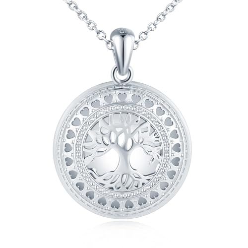 MICMIF Plata de ley 925 Collar Medallón Arbol de Vida para Foto Personalizada Colgante Hueco Redondo con Cadena 45+5cm, Joyería Memorial Fotografía Locket para Mujer Niña Familia