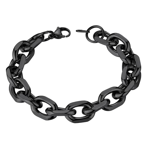 ChainsHouse Black Stainless Steel Rolo Link Bracelet for Women Men 12mm Wide Bracelet Fashion Jewelry 8.3 inch