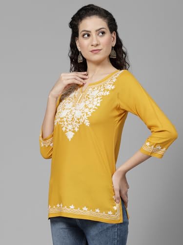 Image of QAZMI Aari Embroidered Rayon Cotton Short Kurti