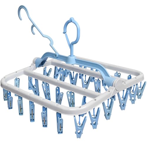 Newthinking Sock Dryer with Pegs for Washing Line, Portable Plastic Folding Sock Drying Hanger with 32 Clips and 360° Rotatable Hook for Small Clothes Underwear, Blue