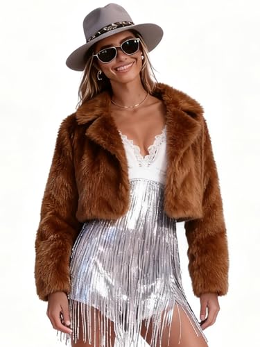 Nihsatin Womens Solid Cropped Long Sleeve Shaggy Jacket Lapel Faux Fur Coat Outwear Warm Winter Brown