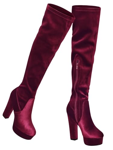 Perphy Platform Thigh High Boot Velvet Burgundy Over the Knee Boots for Women - 7 M US