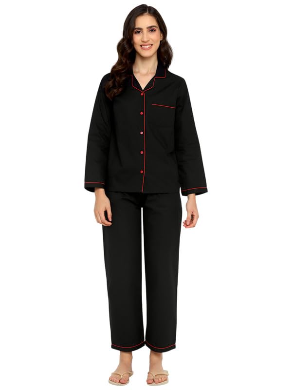 shopbloom White Cotton Poplin with Black Piping Long Sleeve Women's Night Suit| Lounge Wear | Night Wear |-picture-44