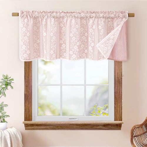 Alishomtll Scheibengardinen Rosa, Modern Kurz Bistrogardine, Doppellagig Küchengardinen mit Leinen und Spitze, Landhausstil Fenstergardinen, Kurzgardine für Küche Fenster Wohnzimmer 120Bx45H cm