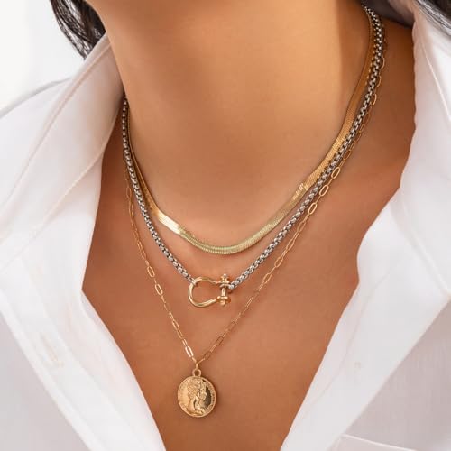 Gold Layered Necklace for Women Stacked Chain Link Paperclip Necklace Statement Punk Jewelry3
