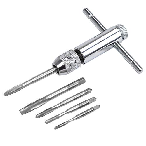 OFNMY Adjustable T-Handle Ratchet Tap Wrench Set with 5pcs M3-M8 3mm-8mm Machine Screw Thread Metric Plug T-shaped Tap