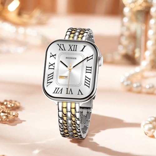 Image of Slim Metal Bands for Apple Watch 38mm 40mm 41mm 42mm(Series 11 /10) | Thin Shiny Stainless Steel Strap Bands for Women, Fit iWatch Series 11 10 9 8 7 6 5 4 3 2 1 SE3 SE2 SE, Silver /Gold