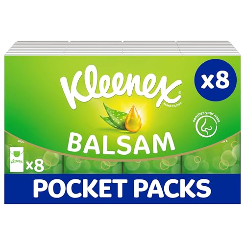 Kleenex Balsam Pocket Tissues, 8 Pocket Packs of Travel Tissues, Balmcare to Protect and Soothe Your Nose for Cold & Flu
