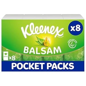 Kleenex Balsam Pocket Tissues, 8 Pocket Packs of Travel Tissues, Balm Tissues Protect and Soothe Your Nose for Cold & Flu