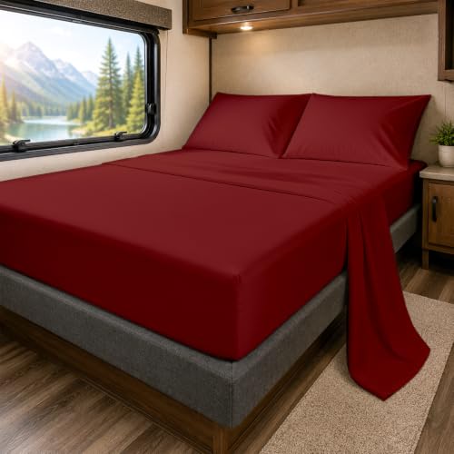 SlumberWell 4 pièces draps ajustés microfibre luxe camping, poche 8-12 po, RV 42 x 80 bourgogne